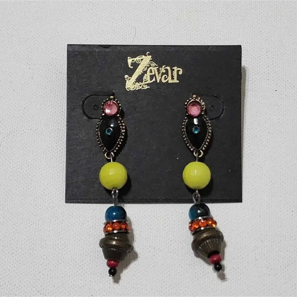 Treska Zevar Beaded Drop Earrings Multi Color Boho Statement Rhinestone Dangle